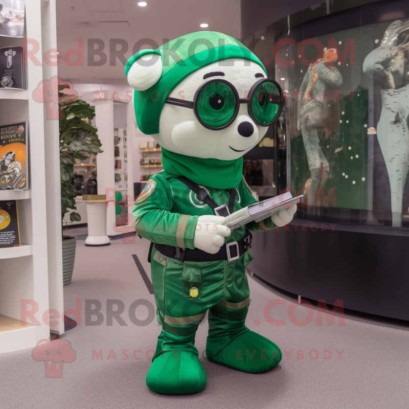 Forest Green Astronaut mascot costume character dressed with a A-Line Skirt and Reading glasses