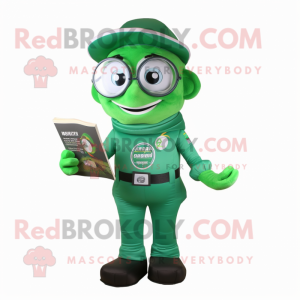 Forest Green Astronaut mascot costume character dressed with a A-Line Skirt and Reading glasses