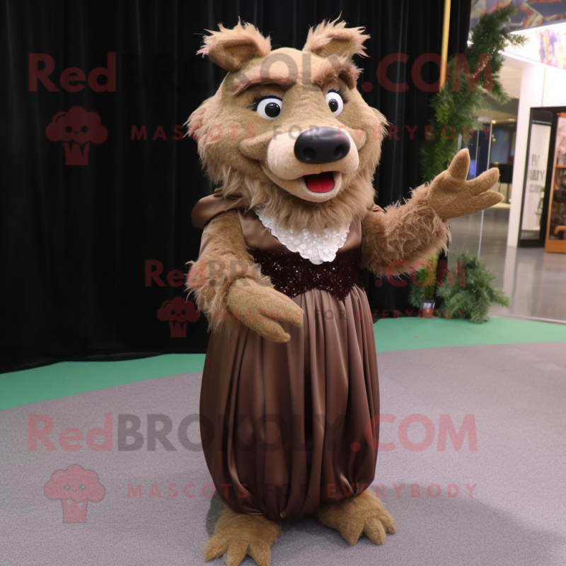 Brown Wild Boar mascot costume character dressed with a Evening Gown and Gloves Brown Wild Boar mascot costume character dressed with a Evening Gown and Gloves