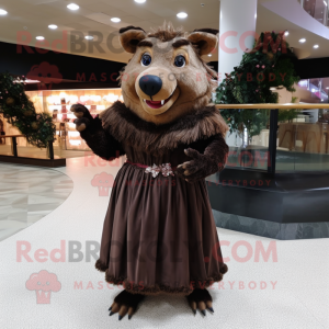 Brown Wild Boar mascot costume character dressed with a Evening Gown and Gloves