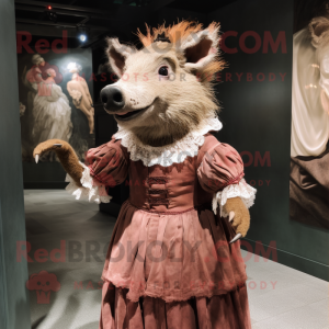 Brown Wild Boar mascot costume character dressed with a Evening Gown and Gloves