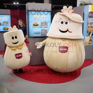 Beige Beet mascot costume character dressed with a Midi Dress and Coin purses