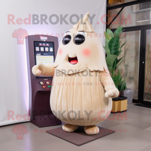 Beige Beet mascot costume character dressed with a Midi Dress and Coin purses