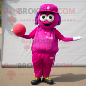 Magenta Petanque Ball mascot costume character dressed with a Vest and Shoe laces