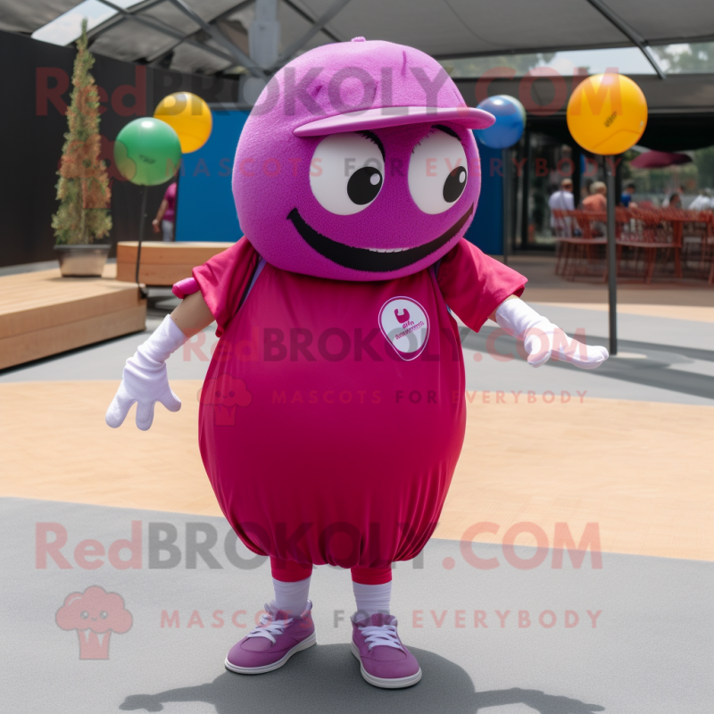 Magenta Petanque Ball mascot costume character dressed with a Vest and Shoe laces Magenta Petanque Ball mascot costume character dressed with a Vest and Shoe laces