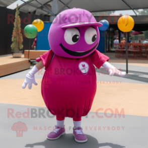 Magenta Petanque Ball mascot costume character dressed with a Vest and Shoe laces