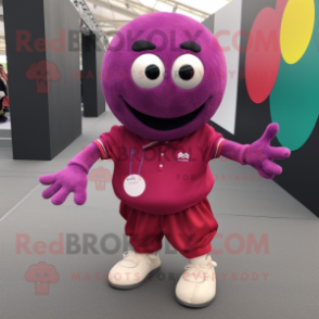 Magenta Petanque Ball mascot costume character dressed with a Vest and Shoe laces