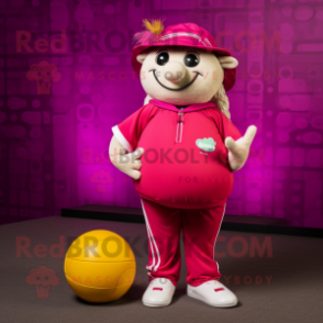 Magenta Petanque Ball mascot costume character dressed with a Vest and Shoe laces