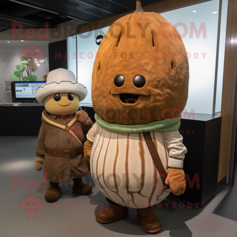 Brown Turnip mascot costume character dressed with a Cover-up and Watches