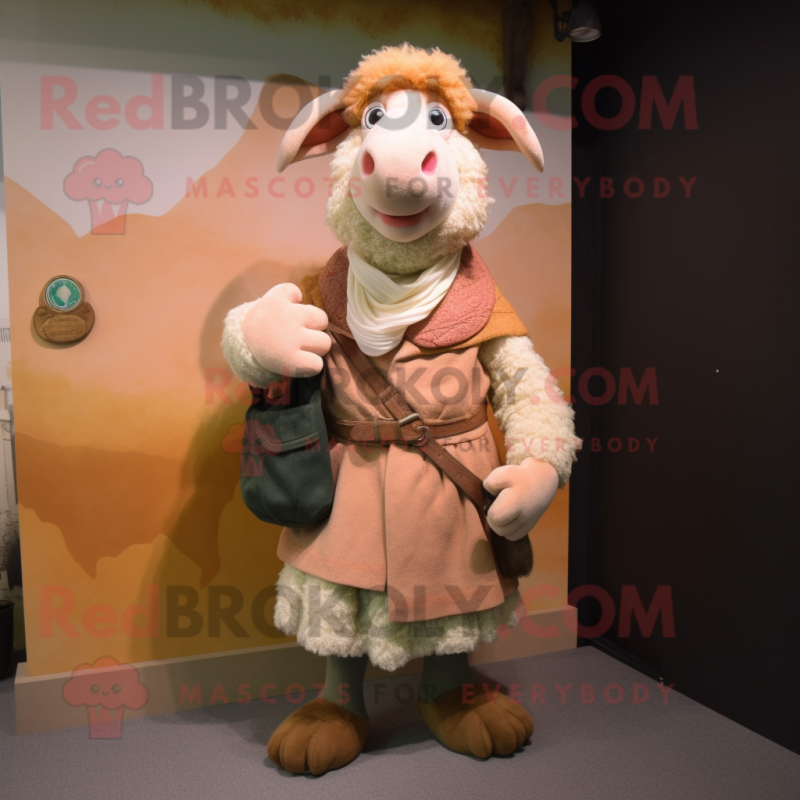 Peach Merino Sheep mascot costume character dressed with a Waistcoat and Shawls