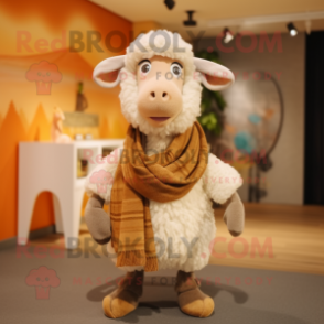 Peach Merino Sheep mascot costume character dressed with a Waistcoat and Shawls