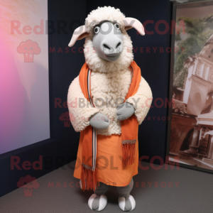 Peach Merino Sheep mascot costume character dressed with a Waistcoat and Shawls