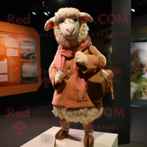 Peach Merino Sheep mascot costume character dressed with a Waistcoat and Shawls