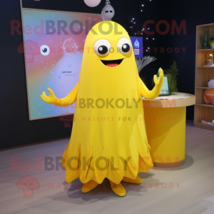 Yellow Ray mascot costume character dressed with a Wrap Skirt and Keychains