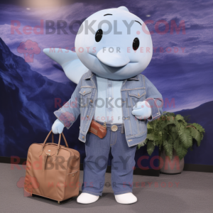 Lavender Beluga Whale mascot costume character dressed with a Denim Shirt and Handbags