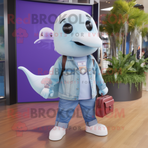 Lavender Beluga Whale mascot costume character dressed with a Denim Shirt and Handbags