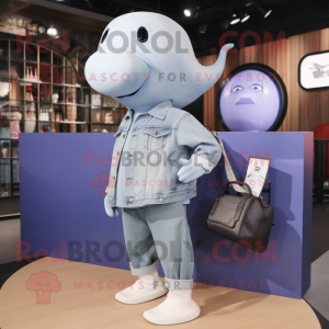 Lavender Beluga Whale mascot costume character dressed with a Denim Shirt and Handbags