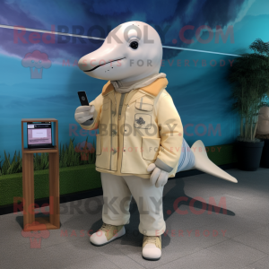 Beige Humpback Whale mascot costume character dressed with a Rash Guard and Smartwatches