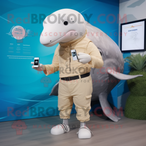 Beige Humpback Whale mascot costume character dressed with a Rash Guard and Smartwatches