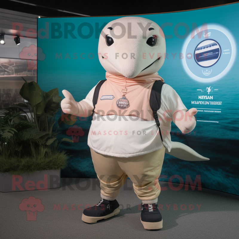 Beige Humpback Whale mascot costume character dressed with a Rash Guard and Smartwatches Beige Humpback Whale mascot costume character dressed with a Rash Guard and Smartwatches