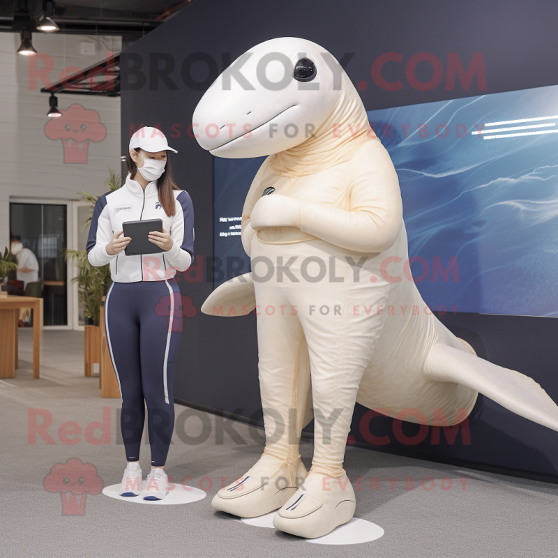 Beige Humpback Whale mascot costume character dressed with a Rash Guard and Smartwatches