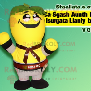 Yellow Spinach mascot costume character dressed with a Bikini and Belts