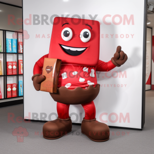 Red Chocolate Bar mascot costume character dressed with a Bermuda Shorts and Clutch bags