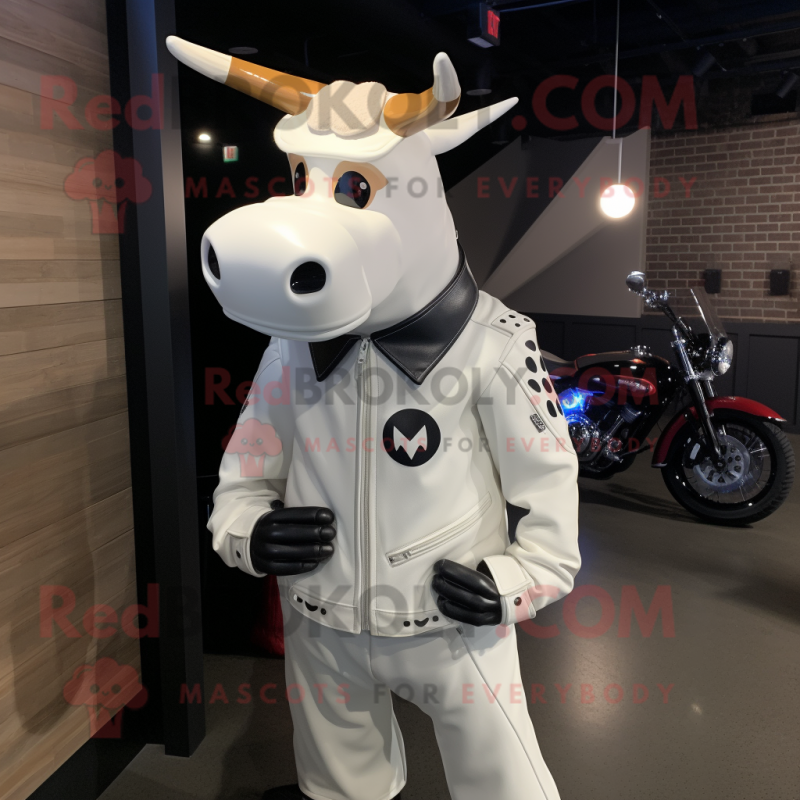 White Guernsey Cow mascot costume character dressed with a Moto Jacket and Shoe clips