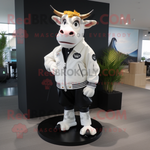 White Guernsey Cow mascot costume character dressed with a Moto Jacket and Shoe clips