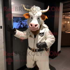 White Guernsey Cow mascot costume character dressed with a Moto Jacket and Shoe clips