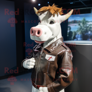 White Guernsey Cow mascot costume character dressed with a Moto Jacket and Shoe clips