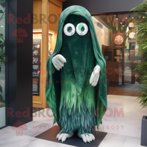 Forest Green Ghost mascot costume character dressed with a Cardigan and Wraps