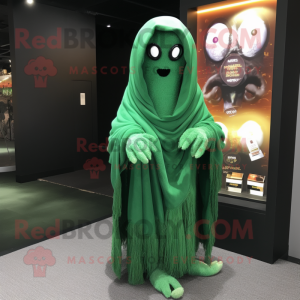 Forest Green Ghost mascot costume character dressed with a Cardigan and Wraps