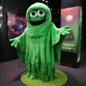 Forest Green Ghost mascot costume character dressed with a Cardigan and Wraps