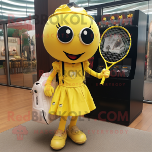 Gold Tennis Racket mascot costume character dressed with a Mini Dress and Backpacks