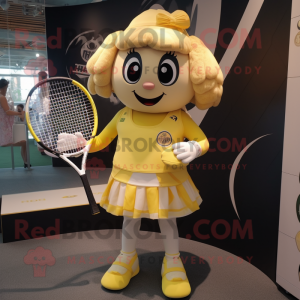 Gold Tennis Racket mascot costume character dressed with a Mini Dress and Backpacks