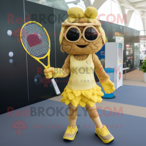 Gold Tennis Racket mascot costume character dressed with a Mini Dress and Backpacks