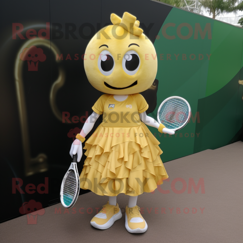 Gold Tennis Racket mascot costume character dressed with a Mini Dress and Backpacks Gold Tennis Racket mascot costume character dressed with a Mini Dress and Backpacks