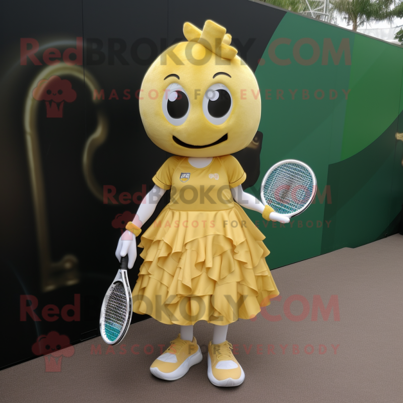 Gold Tennis Racket mascot costume character dressed with a Mini Dress and Backpacks