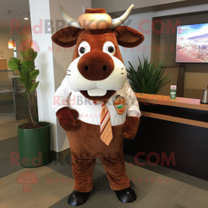 Brown Hereford Cow mascot costume character dressed with a V-Neck Tee and Ties