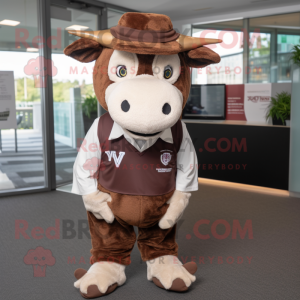 Brown Hereford Cow mascot costume character dressed with a V-Neck Tee and Ties