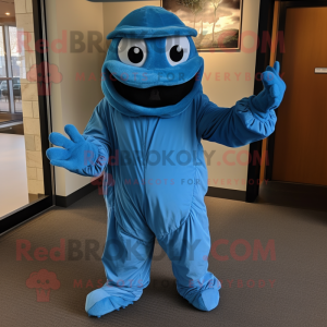 Blue But mascot costume character dressed with a Jumpsuit and Gloves