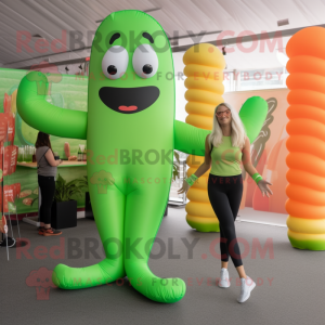 Green Hot Dogs mascot costume character dressed with a Yoga Pants and Hairpins