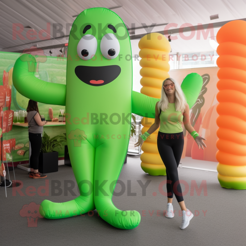 Green Hot Dogs mascot costume character dressed with a Yoga Pants and Hairpins Green Hot Dogs mascot costume character dressed with a Yoga Pants and Hairpins