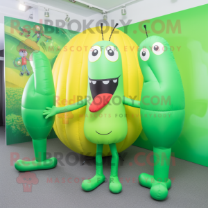 Green Hot Dogs mascot costume character dressed with a Yoga Pants and Hairpins