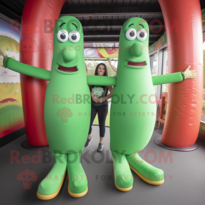 Green Hot Dogs mascot costume character dressed with a Yoga Pants and Hairpins