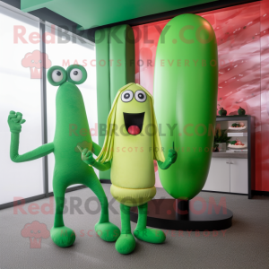 Green Hot Dogs mascot costume character dressed with a Yoga Pants and Hairpins