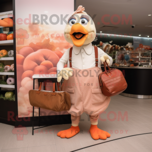 Peach Turkey mascot costume character dressed with a Dress Shirt and Tote bags