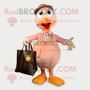 Peach Turkey mascot costume character dressed with a Dress Shirt and Tote bags