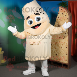 Cream Pizza Slice mascot costume character dressed with a Jumpsuit and Mittens